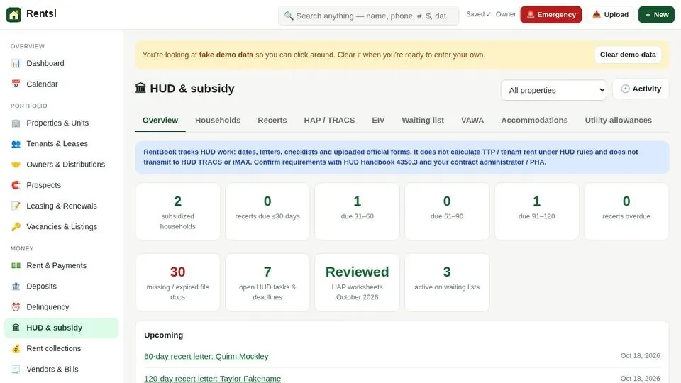 HUD & Section 8 compliance screen (sample data)