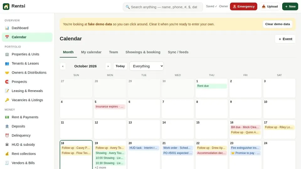 Calendar and showings screen (sample data)