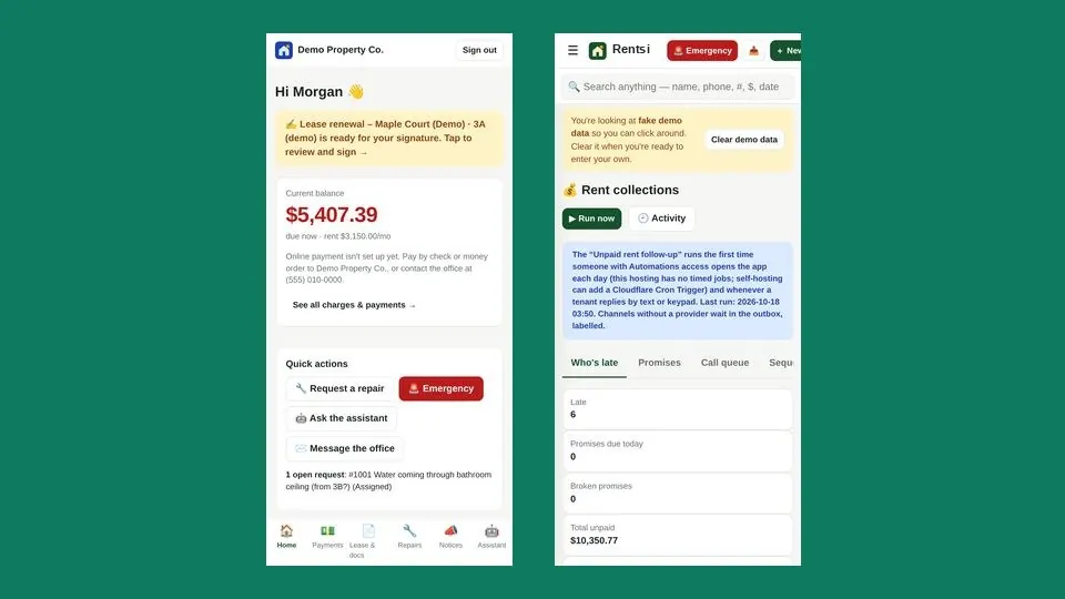Owner, tenant, vendor and maintenance apps screen (sample data)
