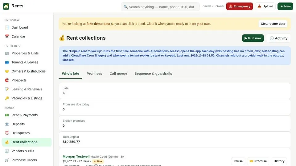 Rent collections with promise-to-pay screen (sample data)